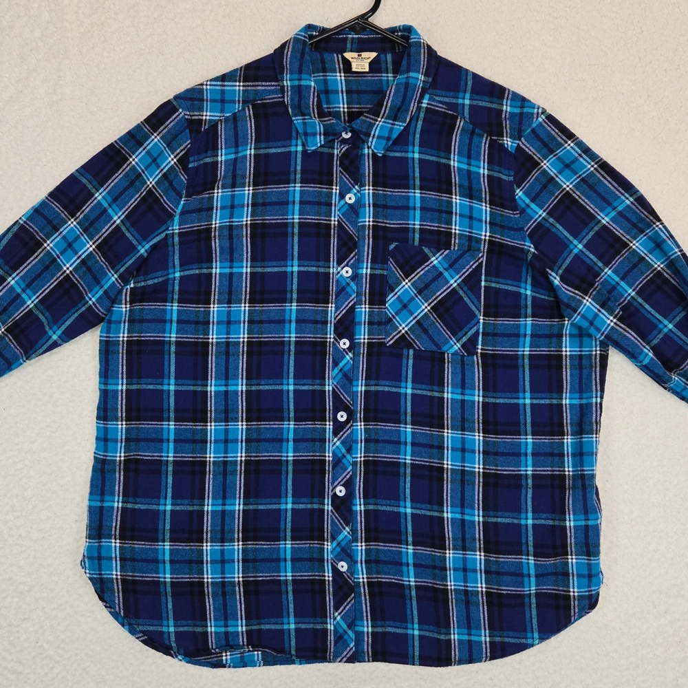 Woolrich Plaid Flannel Shirt Womens XXL Blue Navy Soft Lightweight Button Down‎ - Picture 2 of 11